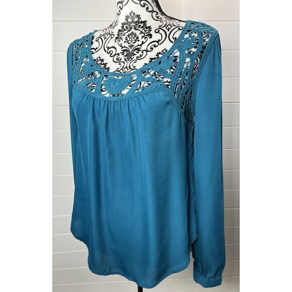 EAM Teal Embroidered Crocheted Floral Long Sleeve Blouse Size Medium Boho - Picture 1 of 11